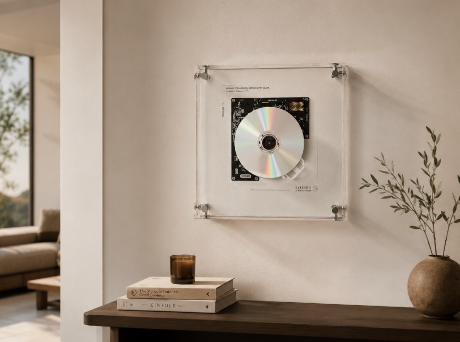 The SYITREN RM1, a wall-mounted transparent CD player with the disc visibly spinning between acrylic panels above a living-room console