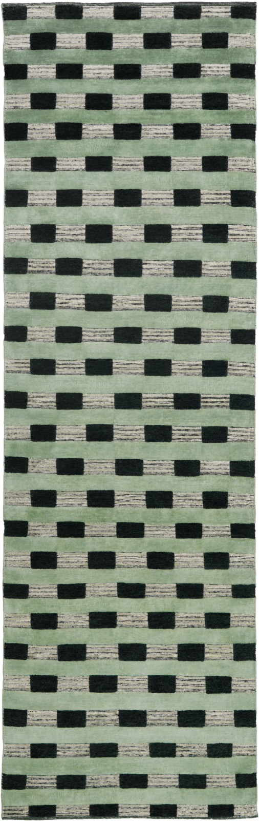 Hill Country rug by Sara Story and Christopher Farr, a checkerboard pattern in sage green and charcoal