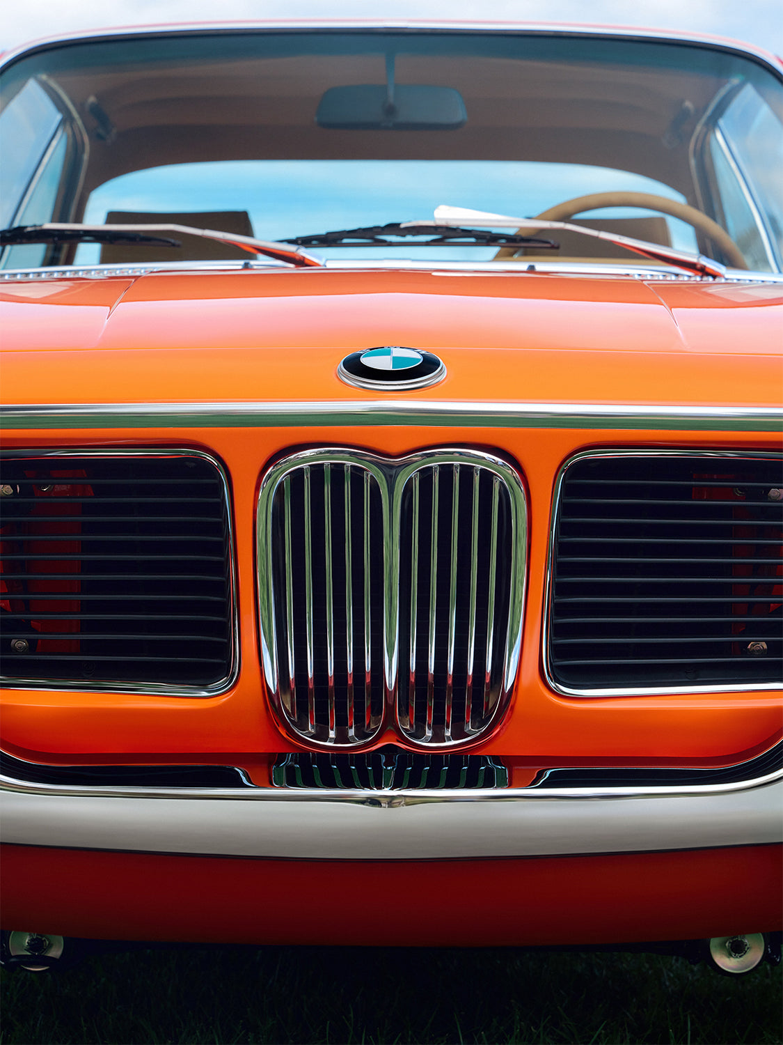 A close-up of the restored 3.0 CSi's grille and hood-mounted BMW badge