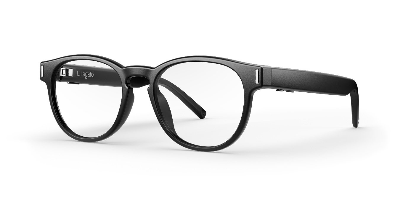 The Legato Symphony frames shown at a three-quarter angle, with the Legato logo and the slightly thickened temple arm where the hearing technology sits