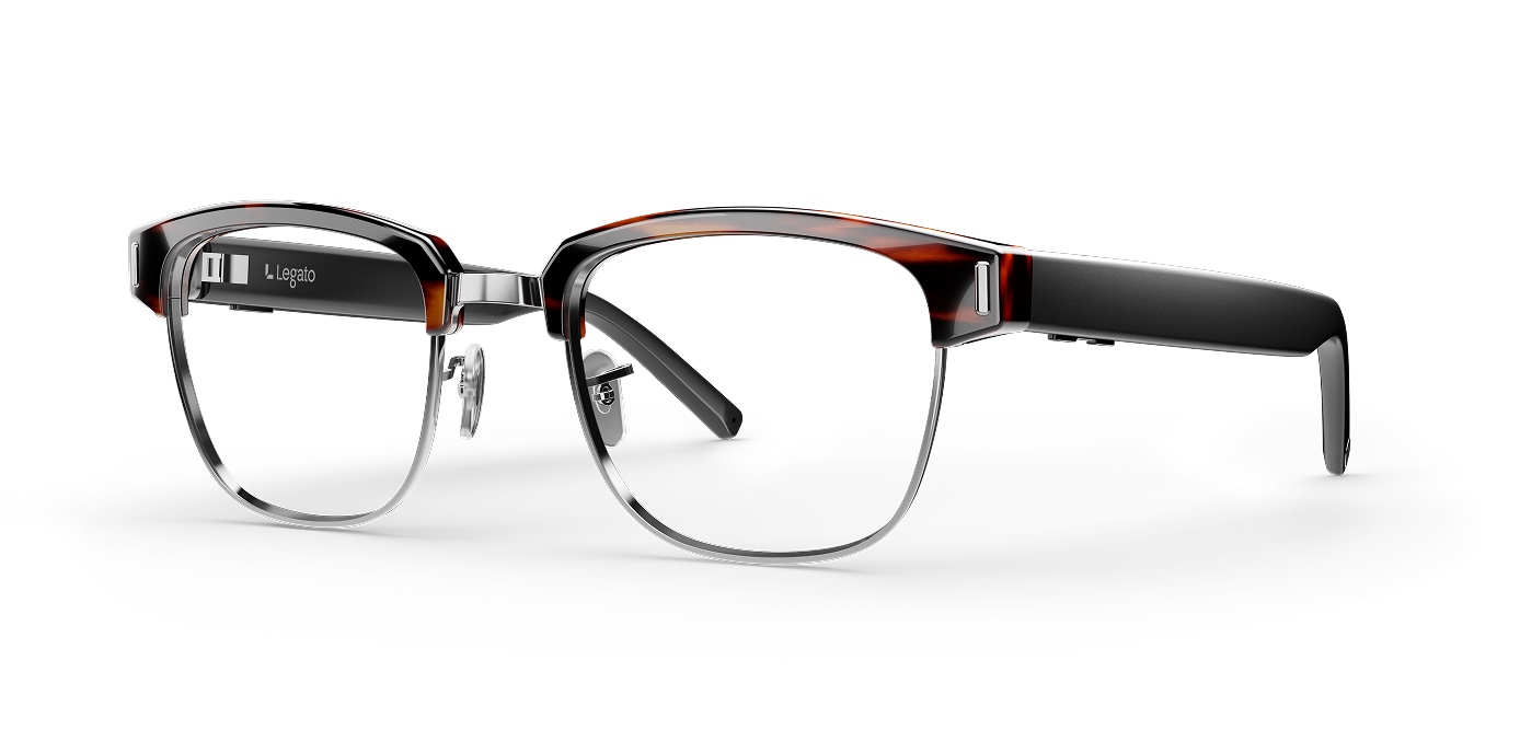 The Legato Aria frames, a tortoiseshell-and-metal browline style shown at a three-quarter angle, demonstrating a second design option beyond the plain Symphony frame