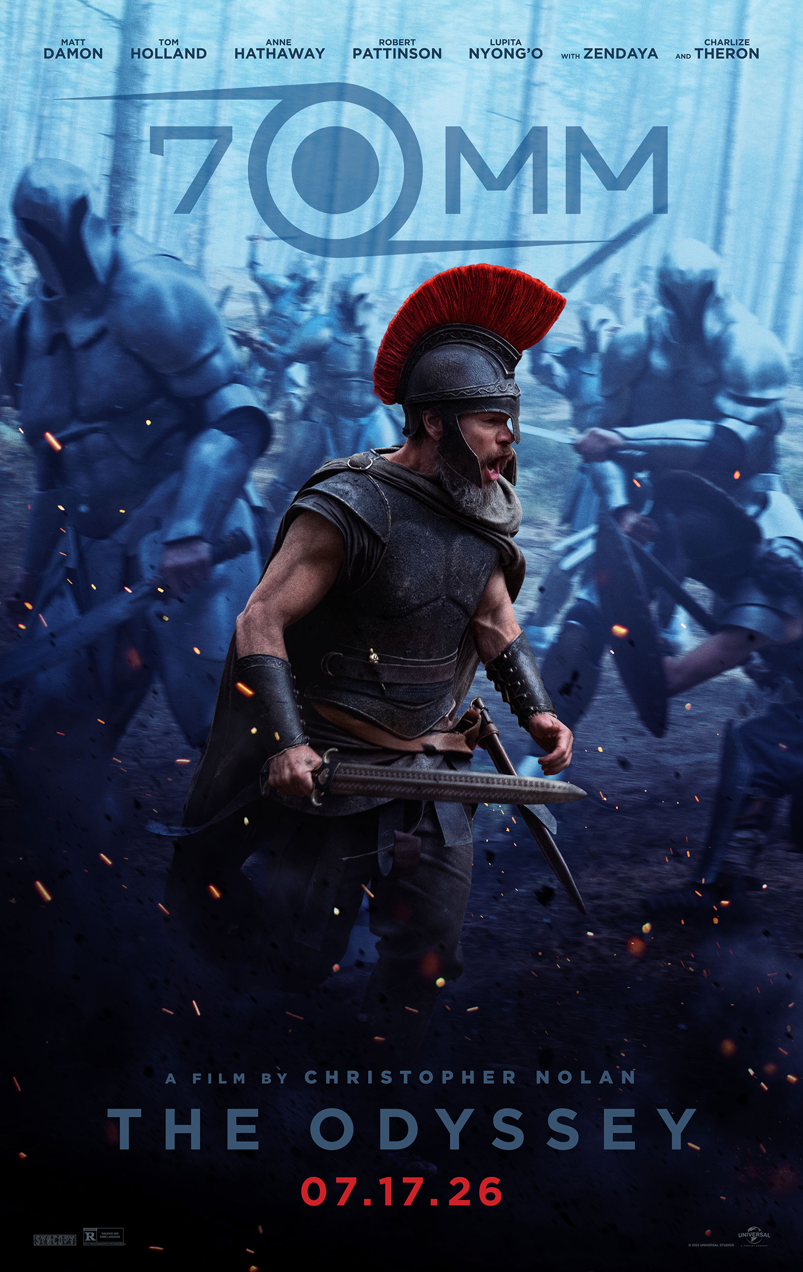 A warrior's ornamented red-plumed helmet and weathered leather armor from The Odyssey