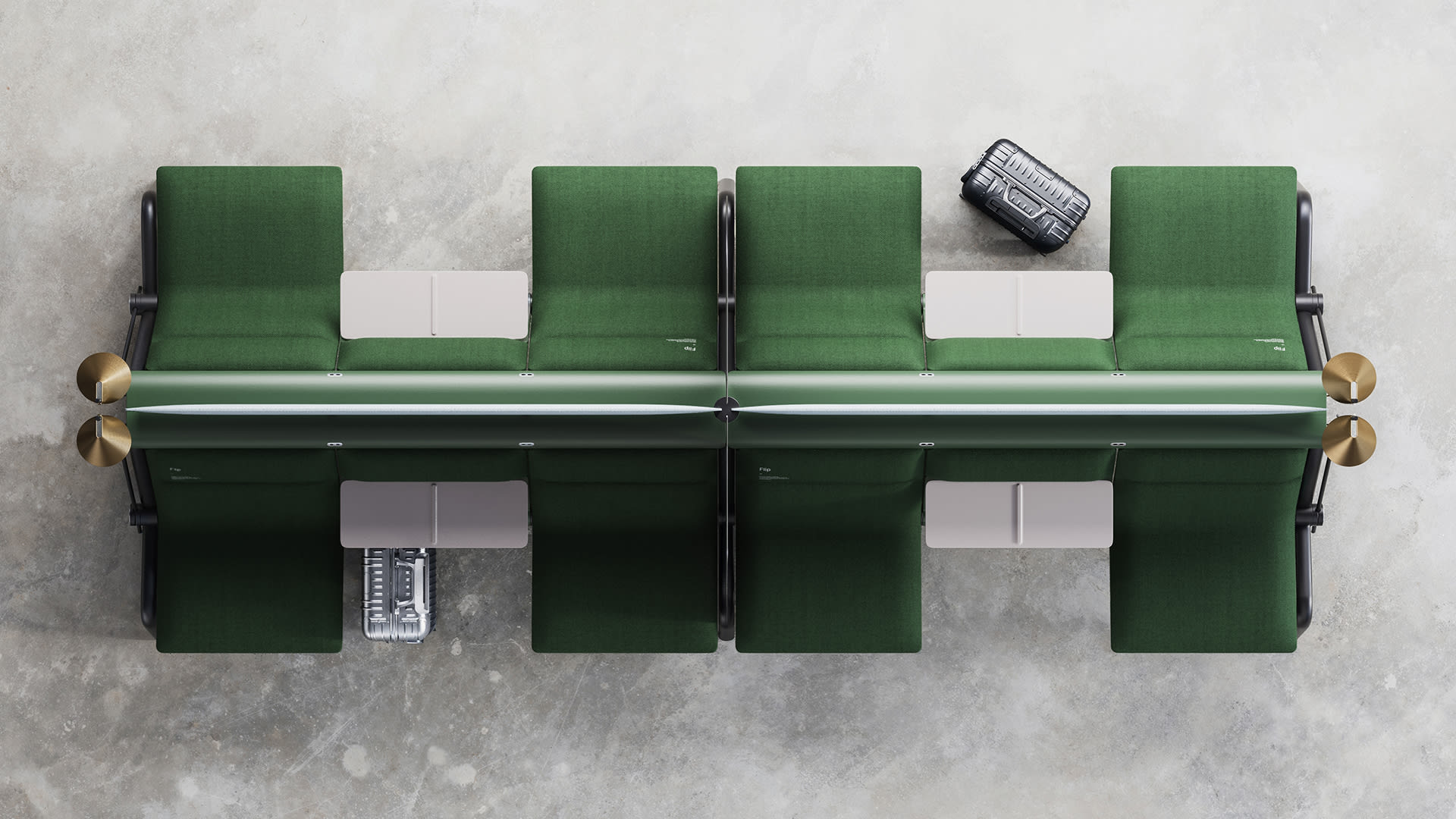 Top-down view of the Flip seating system, showing every seat deployed with its fold-down table extended between armrests