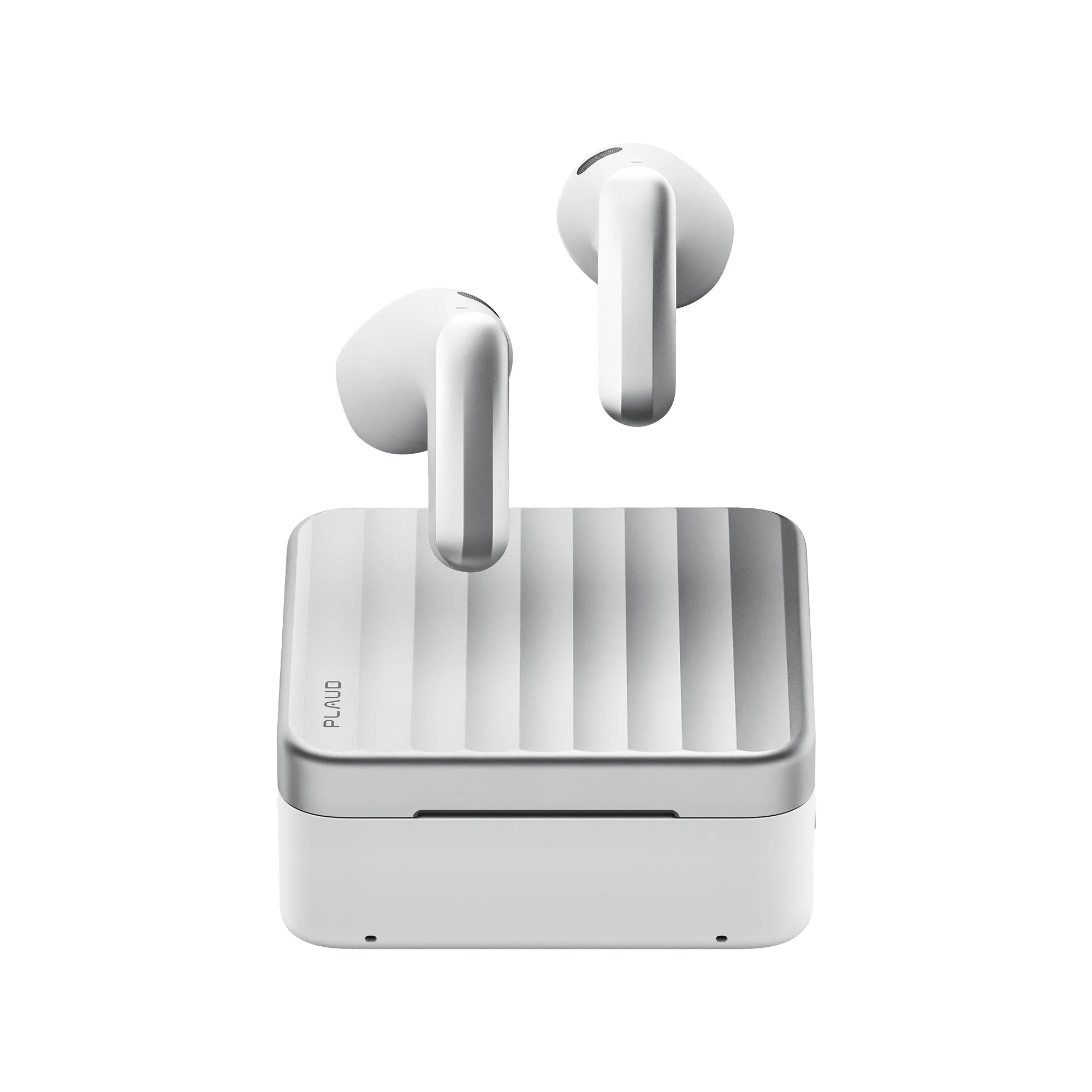 The Plaud One's earbuds lifted out of their charging case, showing the case's fluted aluminum lid
