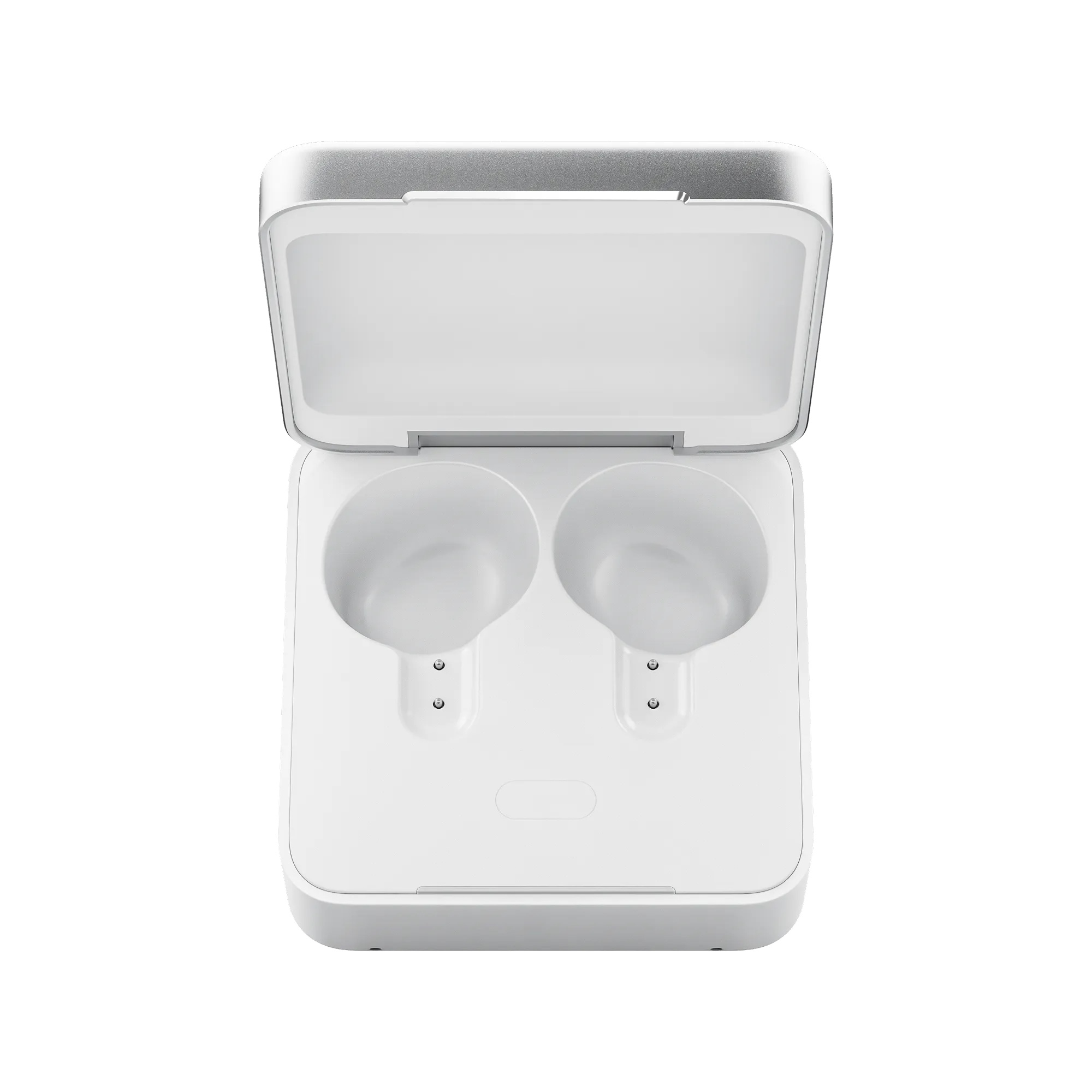 The Plaud One charging case open, showing the empty tray where each earbud docks
