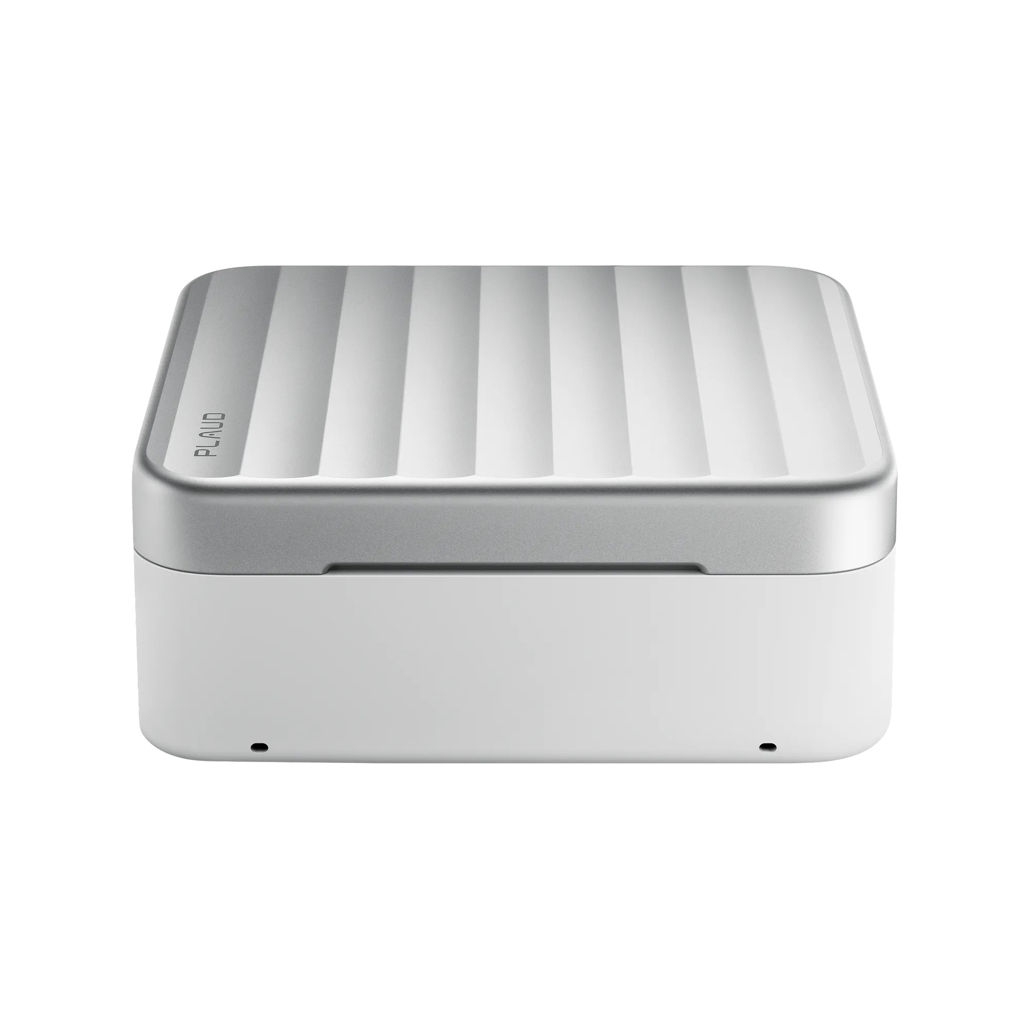The Plaud One case closed, showing its vertically fluted aluminum lid in full