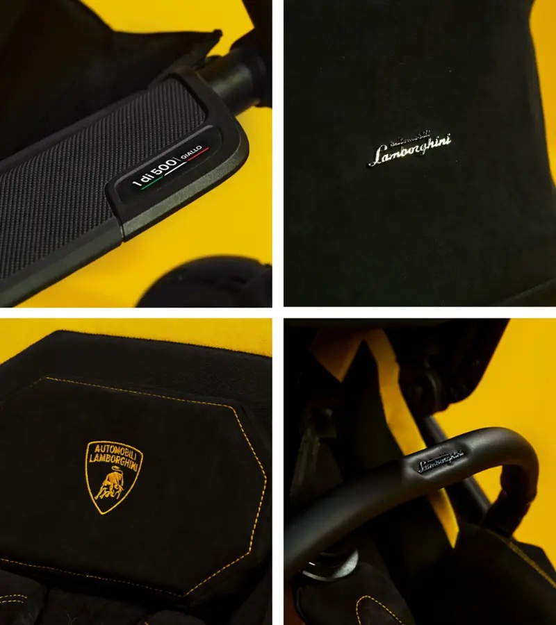 Detail collage of the Silver Cross Reef AL Giallo stroller's hardware: a numbered "1 di 500" plate, the engraved Automobili Lamborghini script, the embroidered shield badge, and the handlebar finish