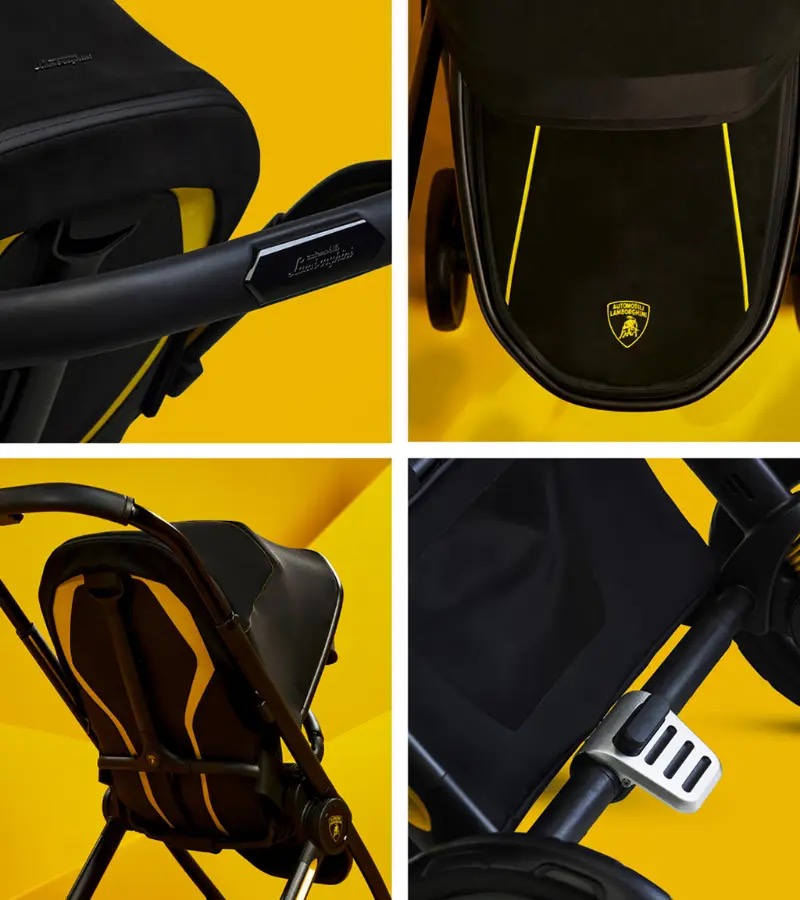 Second detail collage showing the seat back's yellow piping, the sun canopy's underside with the Automobili Lamborghini shield badge, and the brake pedal hardware
