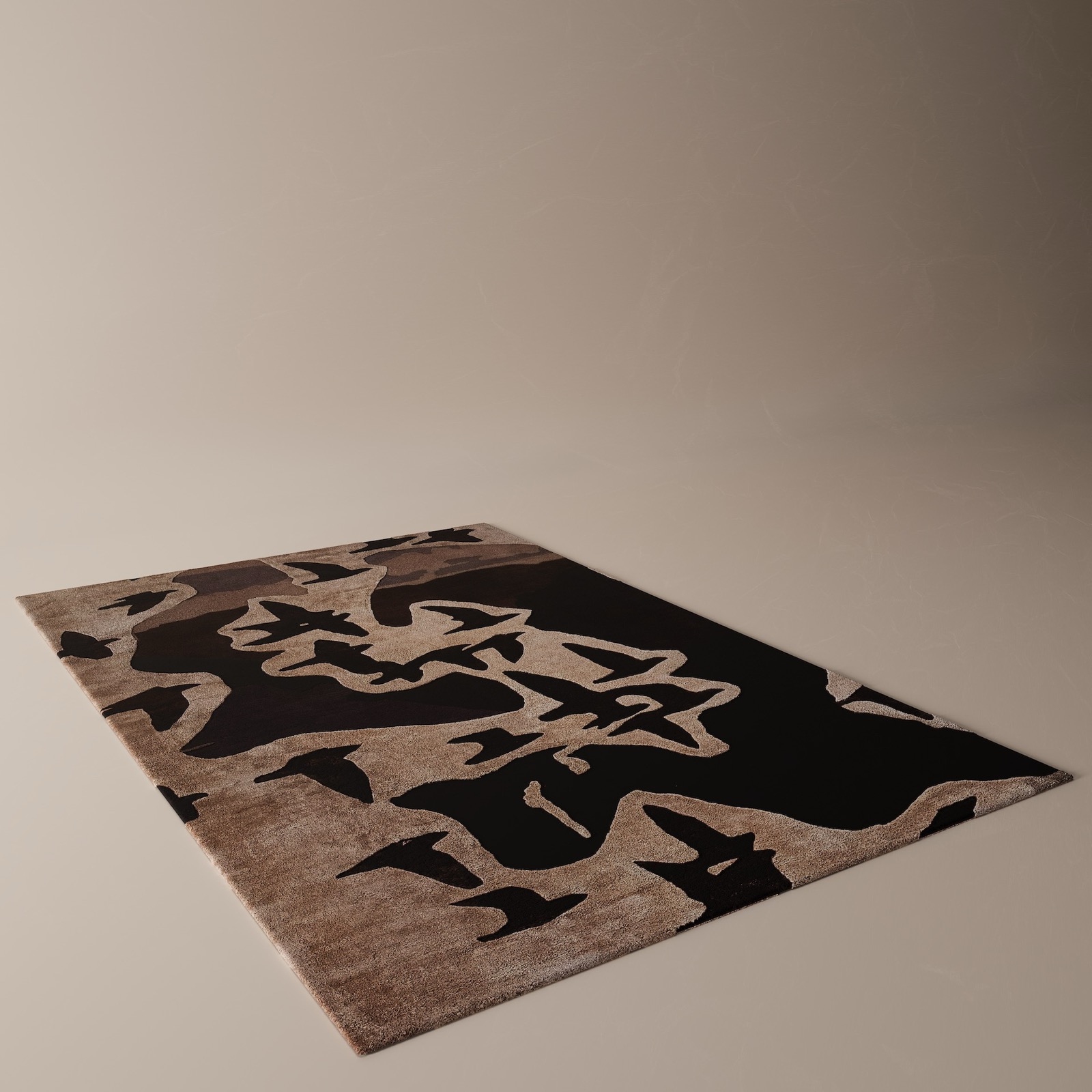 The Bjorn rug by NISH, an abstract hand-tufted wool and silk rug with a torn-paper collage pattern in black, brown and beige