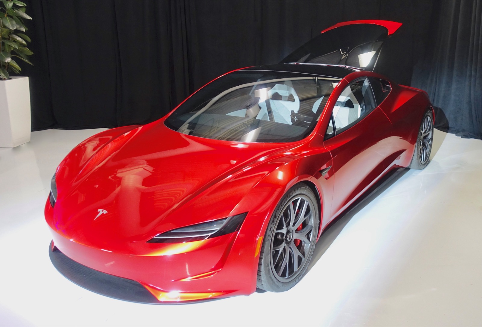 Tesla Roadster second-generation prototype, red exterior, photographed at Tesla headquarters
