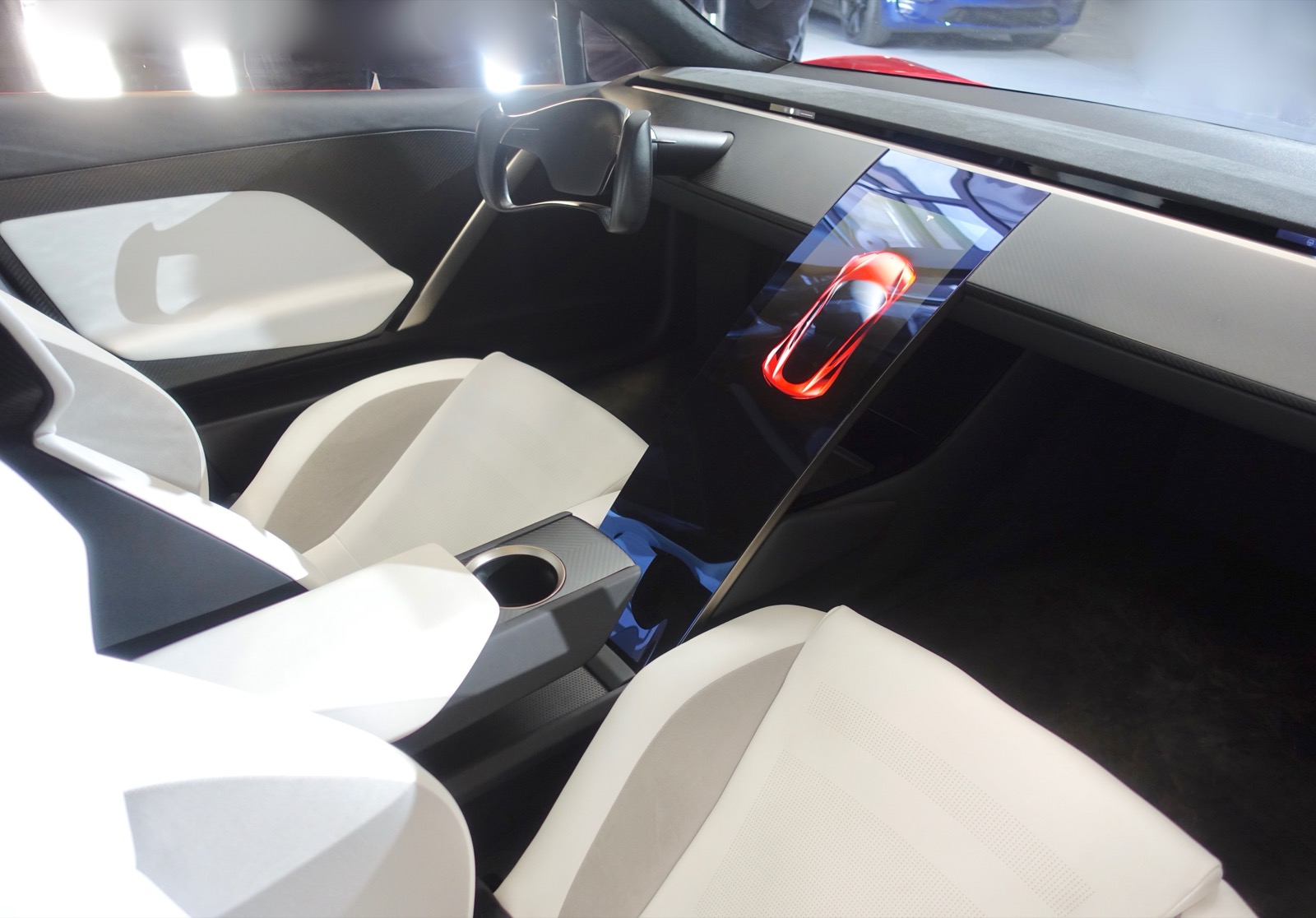 Interior of the Tesla Roadster second-generation prototype, showing the steering yoke and center display