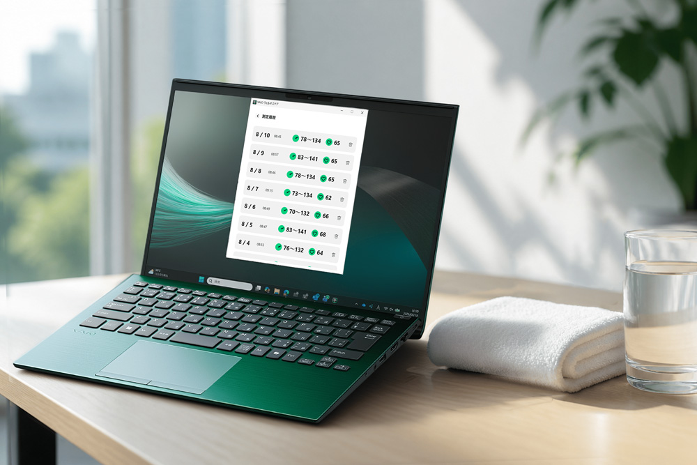 A VAIO laptop open on a home desk in the morning, beside a folded towel and a glass of water